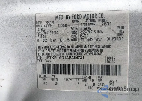 2010 Ford Ranger Xl/Xlt from USA, damaged, VIN 1FTKR1AD1APA54731